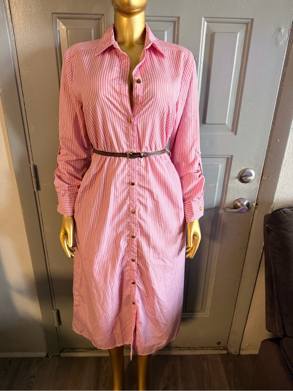 TRULY Pink Striped Shirt Midi Dress with Belt
